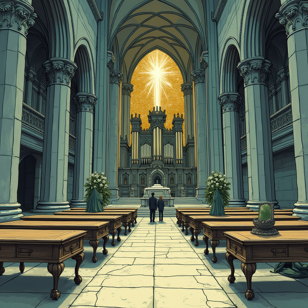 Two people stand in a grand cathedral with tall columns and a glowing light above.