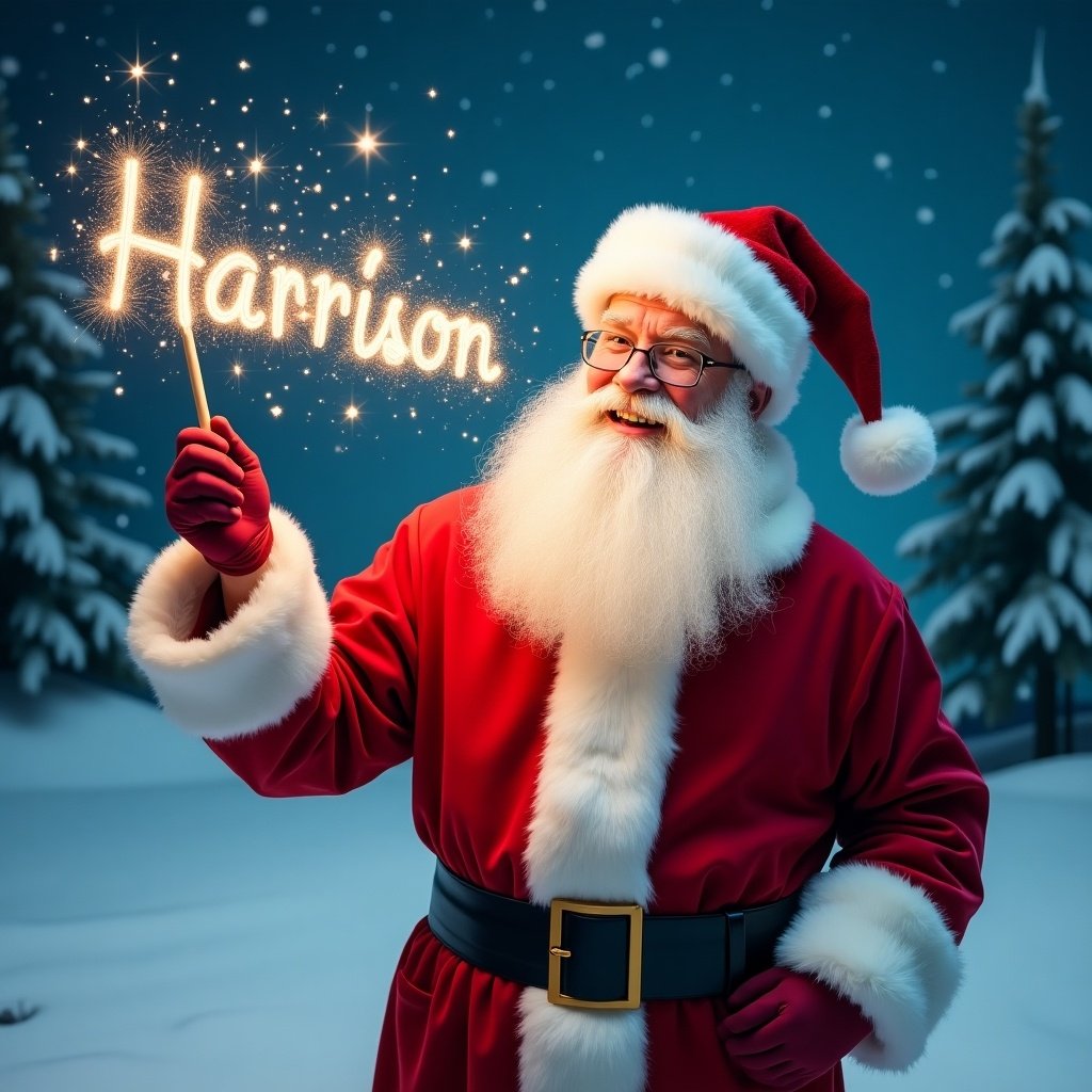 Jolly Santa Claus in snowy landscape. Holding magical wand shining with sparkles. Wearing classic red suit with white fur trim and matching hat. Twinkling eyes filled with joy. Writing names in the starry sky. Surrounded by evergreen trees and a magical atmosphere perfect for holiday season.