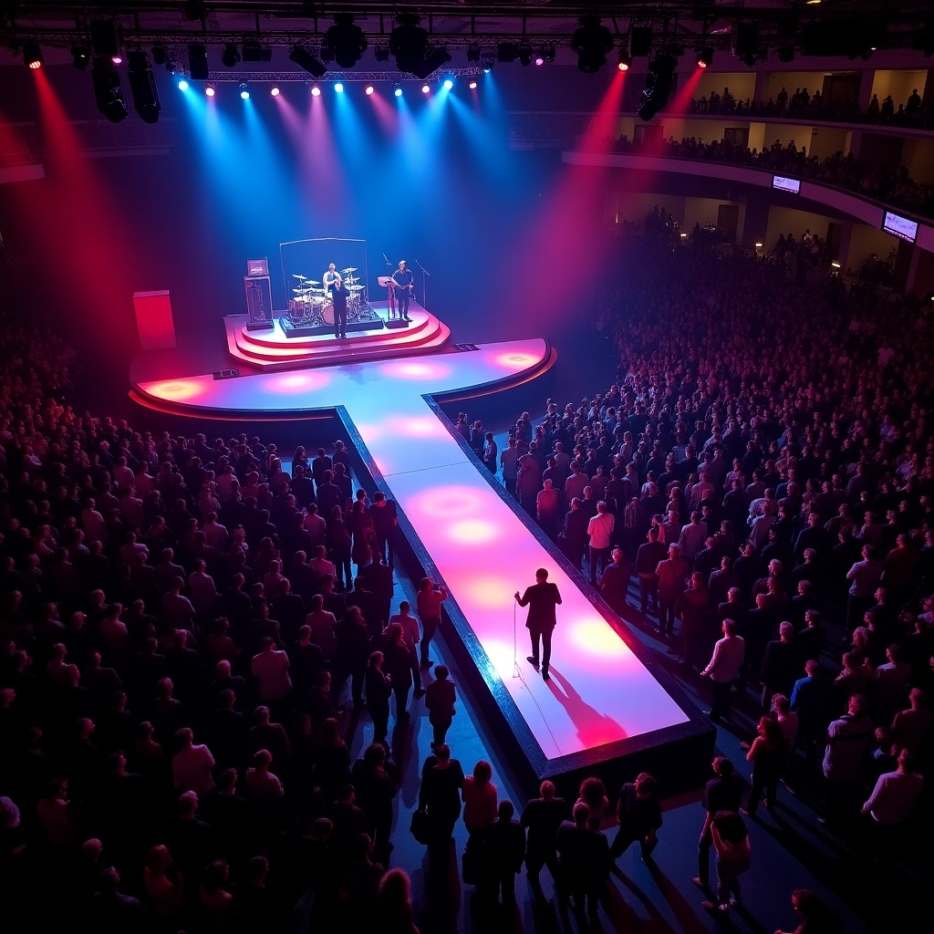 The image captures a vibrant concert scene featuring a performance by Roddy Rich at Madison Square Garden. An aerial perspective offers a stunning view of the T-shaped stage and runway. The lighting creates a dynamic atmosphere with colorful beams illuminating the performers and the audience. A large crowd is visible, showcasing the excitement and energy of the event. The design of the stage emphasizes the performers, making them the focal point against the captivated audience.