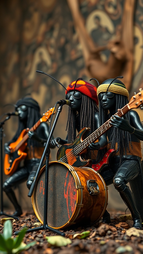 This whimsical image showcases a trio of ants anthropomorphized as musicians, complete with instruments and microphones. They are staged in what appears to be a lively performance, with one ant playing a bass guitar, another holding an electric guitar, and the third one at a microphone in front of a wooden drum. The entire scene is set against a blurred natural background, evoking a sense of creativity and humor.