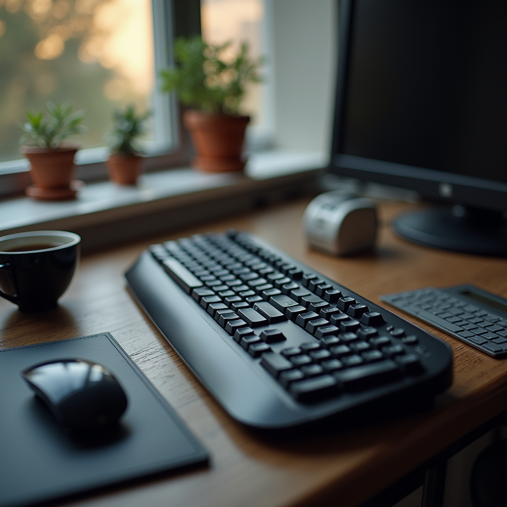 A cozy desk with a computer setup, a cup of coffee, and small potted plants by the window.