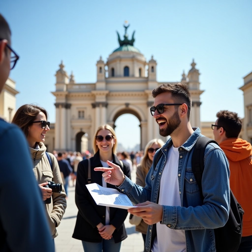 Tourists visiting historical monuments guided by a tour guide with a map. The background features grand architecture and greenery, creating a setting full of cultural significance.