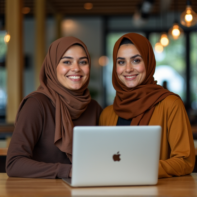 Two women wearing hijabs are smiling and sitting together at a table with a laptop in a modern cafe.