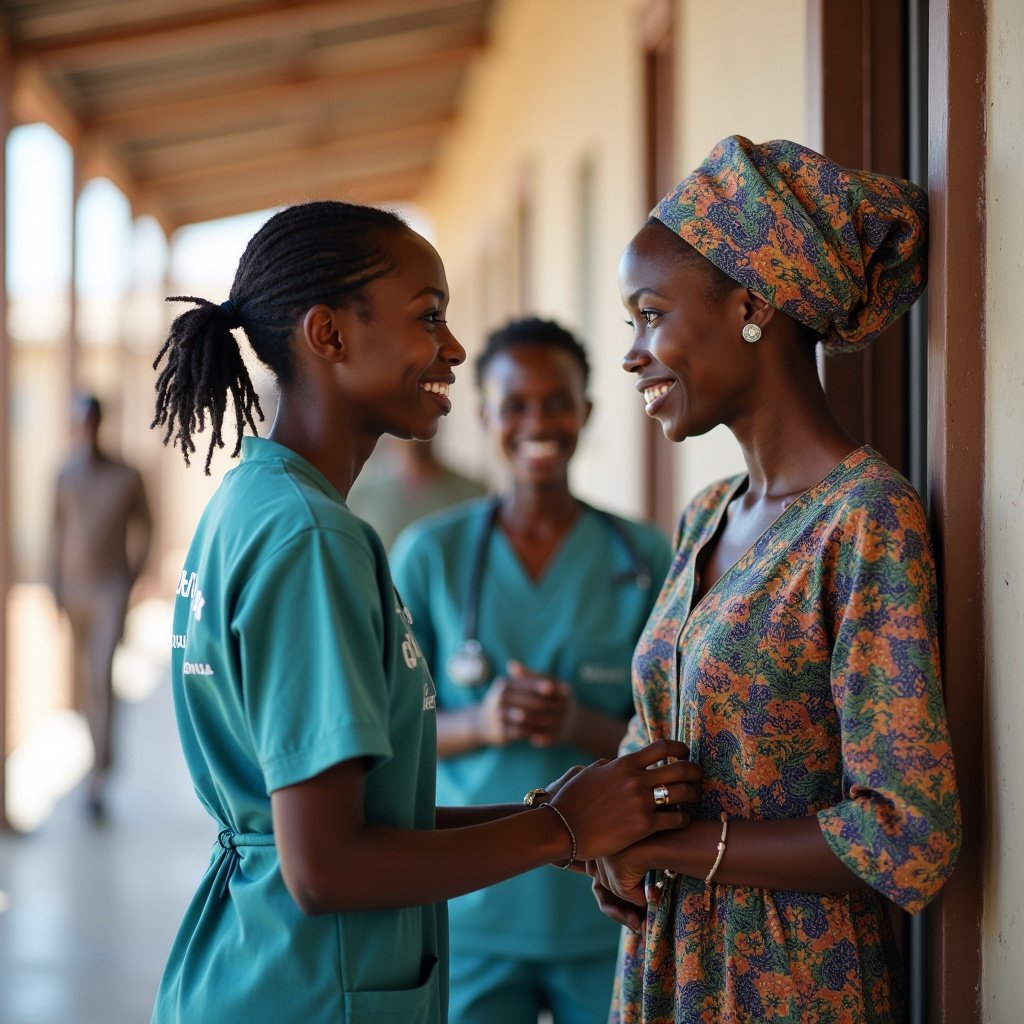 Two nurses engage in conversation in a healthcare setting. One wears scrubs, the other a traditional dress. Corridor with natural light is visible. Emphasizes cultural and professional interaction.