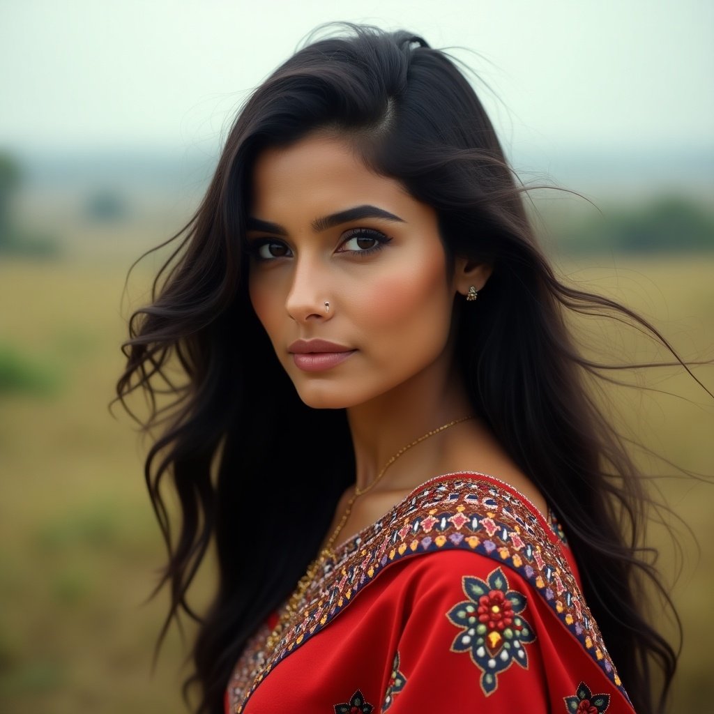 A beautiful woman dressed in traditional Indian attire stands in an outdoor setting. Focus on the attire and the serene environment.