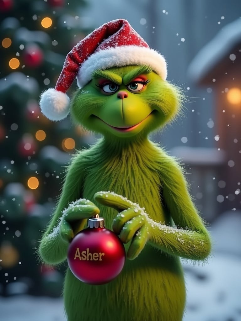 Grinch character holds a red Christmas bauble with the name Asher. Snow falls in the background. Christmas lights twinkle in the scene.