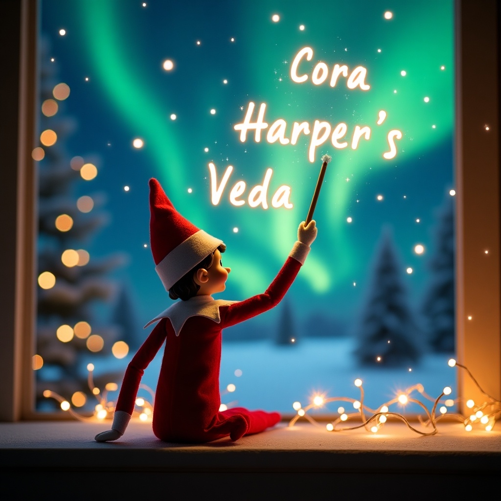 An enchanting Christmas scene featuring an elf on the shelf. The elf is dressed in a red and white outfit and is seated at a window. He is facing the sky with his back to the viewer, wielding a magic wand. Sparkles twinkle around him as he writes the names 'Cora', 'Harper', and 'Veda' in a glowing script above. The backdrop is adorned with vibrant northern lights illuminating the night sky. This scene captures the festive spirit of Christmas with a whimsical touch, evoking feelings of wonder and joy during the holiday season.