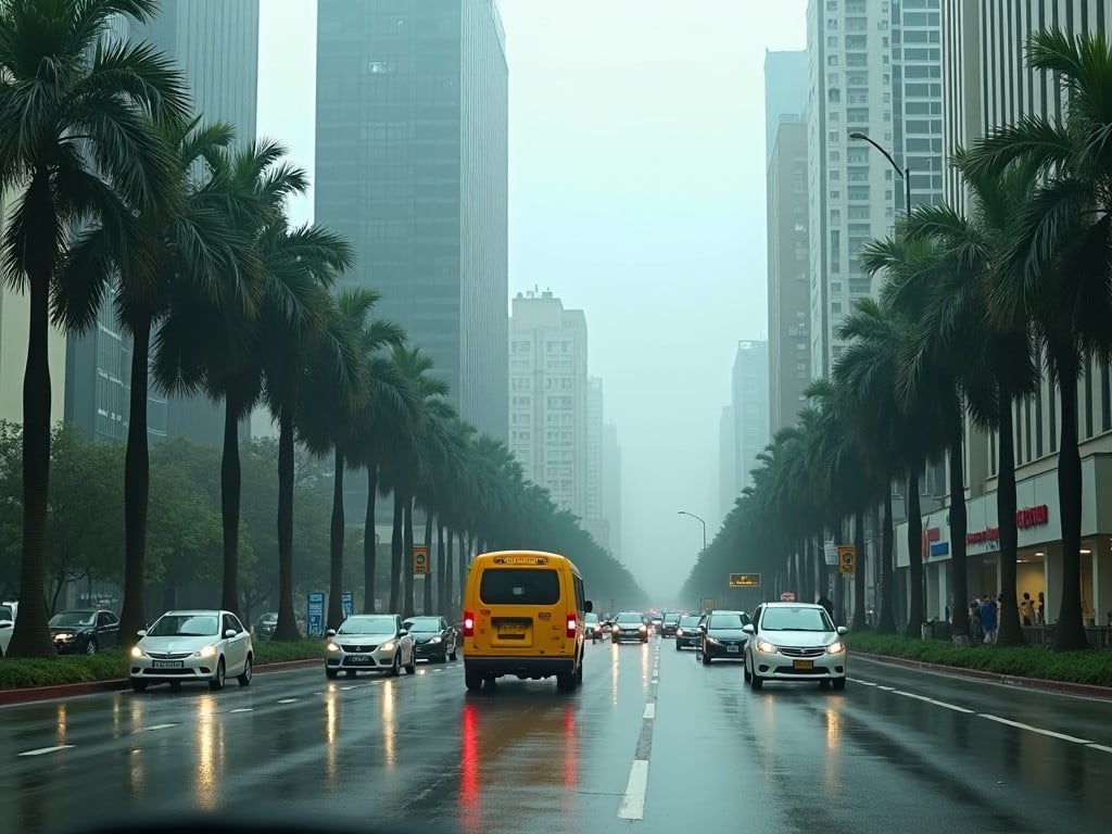 The image shows a busy city street during a rainy day. There are several cars lined up in traffic, including a yellow school bus. The atmosphere appears cloudy and wet, indicative of ongoing rain. Palm trees are visible in the foreground, adding a bit of greenery to the urban scene. Tall buildings are present on both sides of the street, showcasing a mix of modern and traditional architecture. The road appears to be wet, reflecting the cloudy sky above.