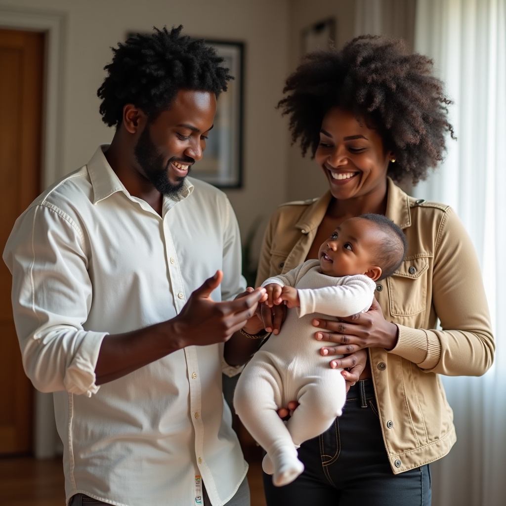 Black parents swapping baby clothes in a living room. One parent holds a baby while the other hands over clothing. They wear casual outfits. The setting feels warm and inviting.