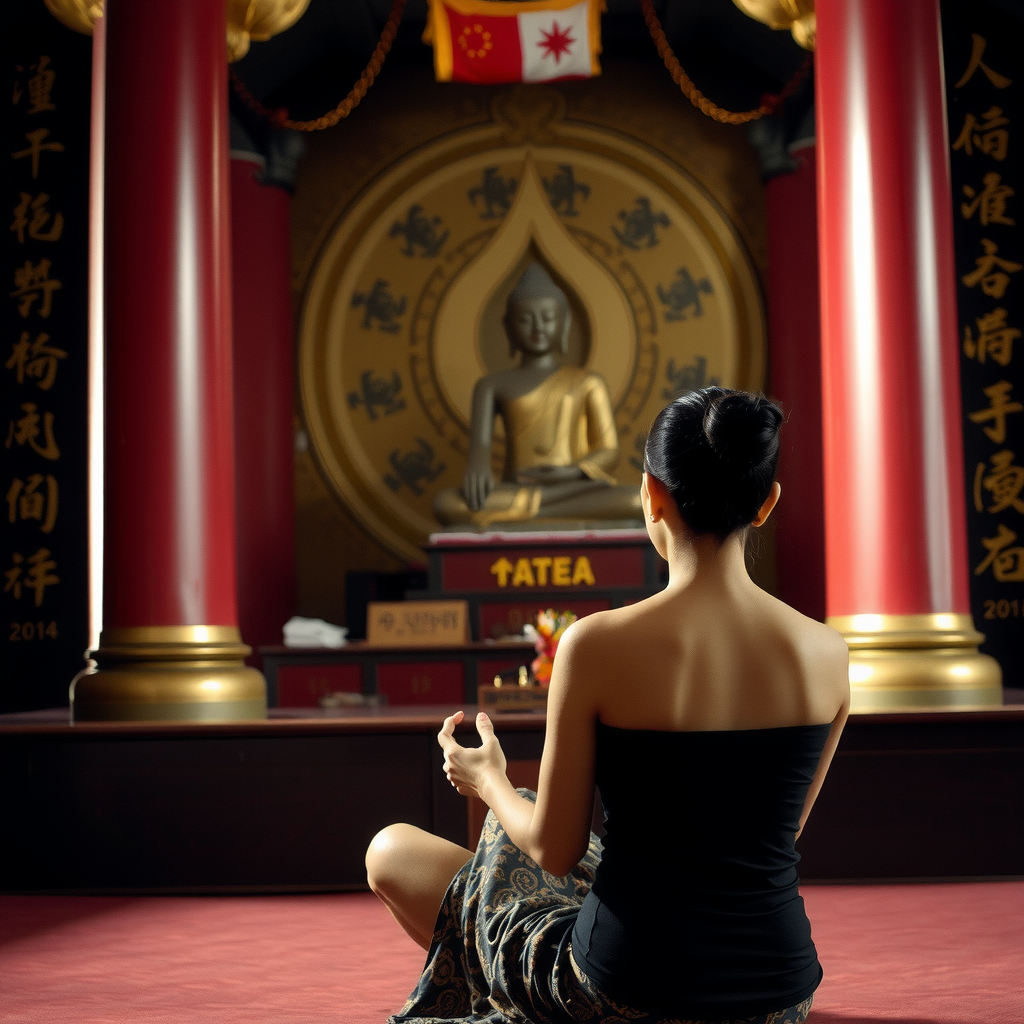 A woman meditating in a serene temple setting with a Buddha statue.