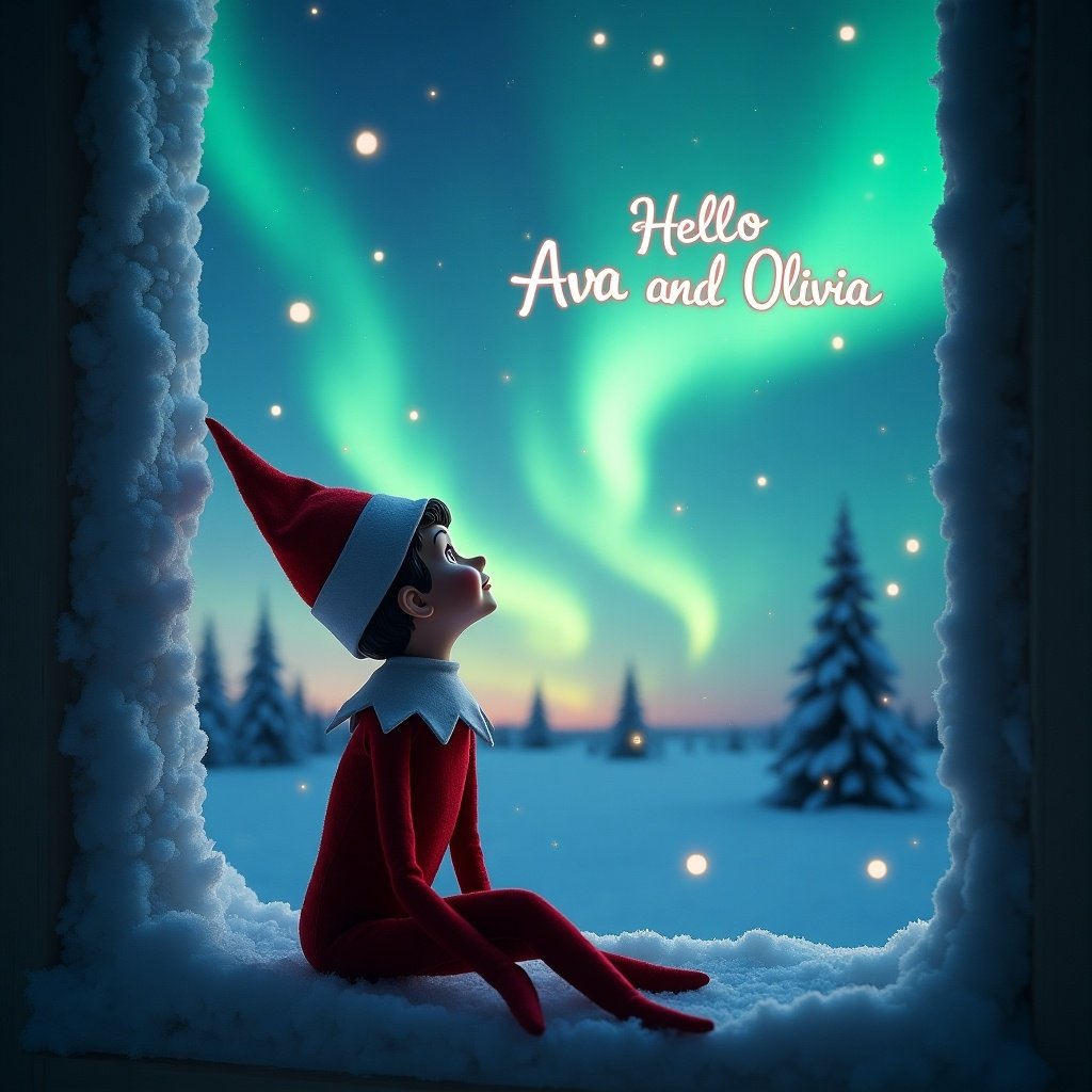 An elf on the shelf sits by a snowy window. Northern lights illuminate the background. A message appears in the sky. It says Hello Ava and Olivia.