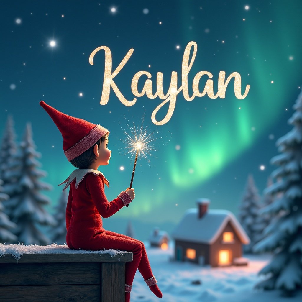 An elf sits on a wooden ledge gazing at the magical sky. The elf is dressed in a red outfit with a pointed hat. The elf holds a sparkling wand and writes 'Kaylan' in the starry sky. A snowy landscape with charming houses and evergreen trees is in the background under the Northern Lights.