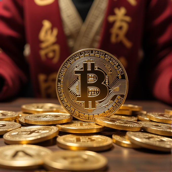 A large golden Bitcoin is surrounded by many smaller coins, with a person in a red garment in the background.