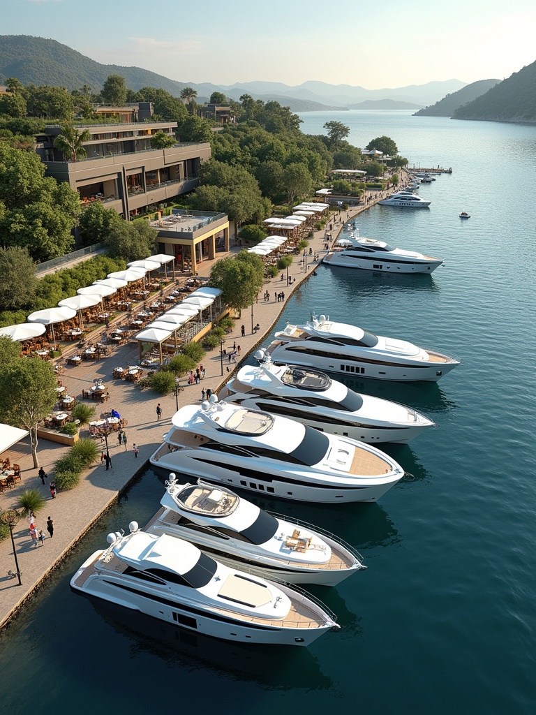 Luxury marina features open area for electric and hybrid yachts to charge. Dock integrated with parking spots for electric cars. Surrounded by luxury shops and restaurants. Green spaces enhance the atmosphere. Scenic mountains in background.