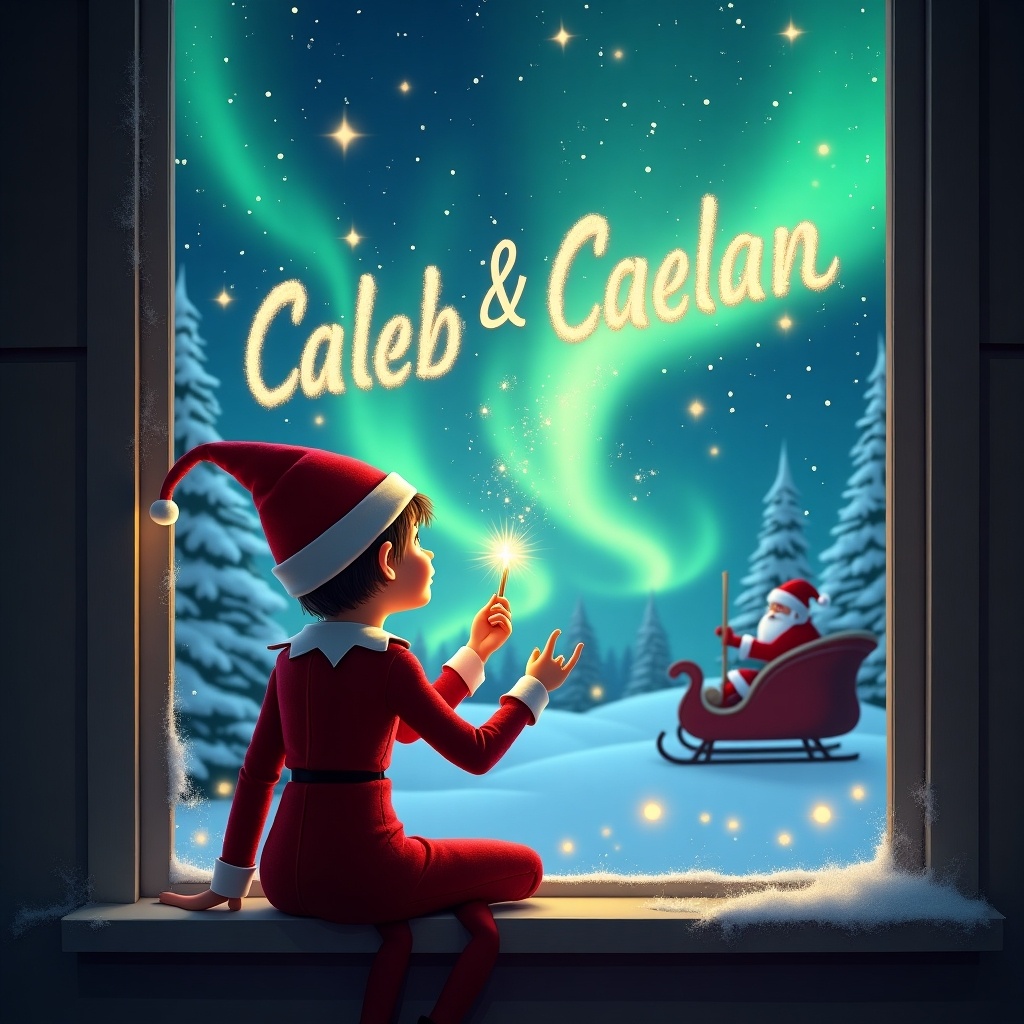 The image features a festive scene with an elf sitting on a window ledge. The elf is dressed in a classic red outfit, staring in awe at the colorful northern lights. Behind him, a winter landscape is illuminated with sparkling stars. Santa Claus is seen riding in his sleigh, enhancing the holiday spirit. The elf is using a wand to write 'Caleb & Caelan' in shimmering letters. This adds a personal touch to the magical ambiance. Overall, the scene captures the essence of holiday enchantment.