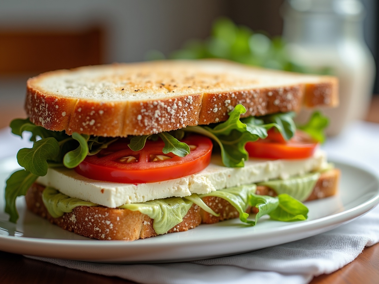 This image showcases a delicious Greek feta and white cheese toast sandwich. It features layers of fresh tomatoes, crisp iceberg lettuce, and creamy feta cheese between slices of toasted bread. The sandwich is presented on a simple white plate, highlighting its vibrant colors. Natural light illuminates the sandwich, emphasizing the freshness of the ingredients. This visual is perfect for food enthusiasts looking for a healthy and tasty meal option.