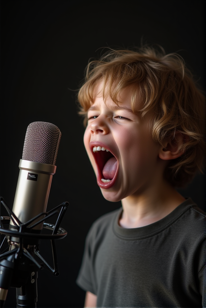 A child passionately sings into a studio microphone.