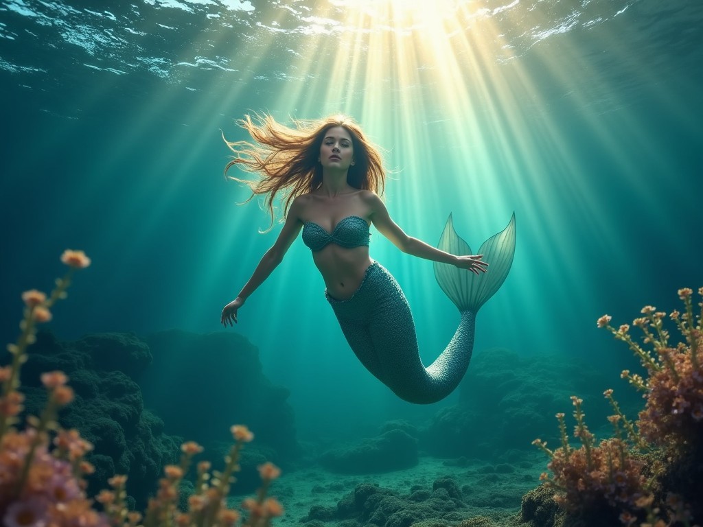 The image depicts a mesmerizing underwater scene featuring a beautiful mermaid. She has flowing hair and a shimmering tail, gliding gracefully through the water. Sunlight filters down, creating enchanting rays that illuminate the scene. Surrounding the mermaid are soft coral formations and marine plants, enhancing the fantasy aspect. This captivating visual evokes feelings of peace and wonder in a magical underwater world.