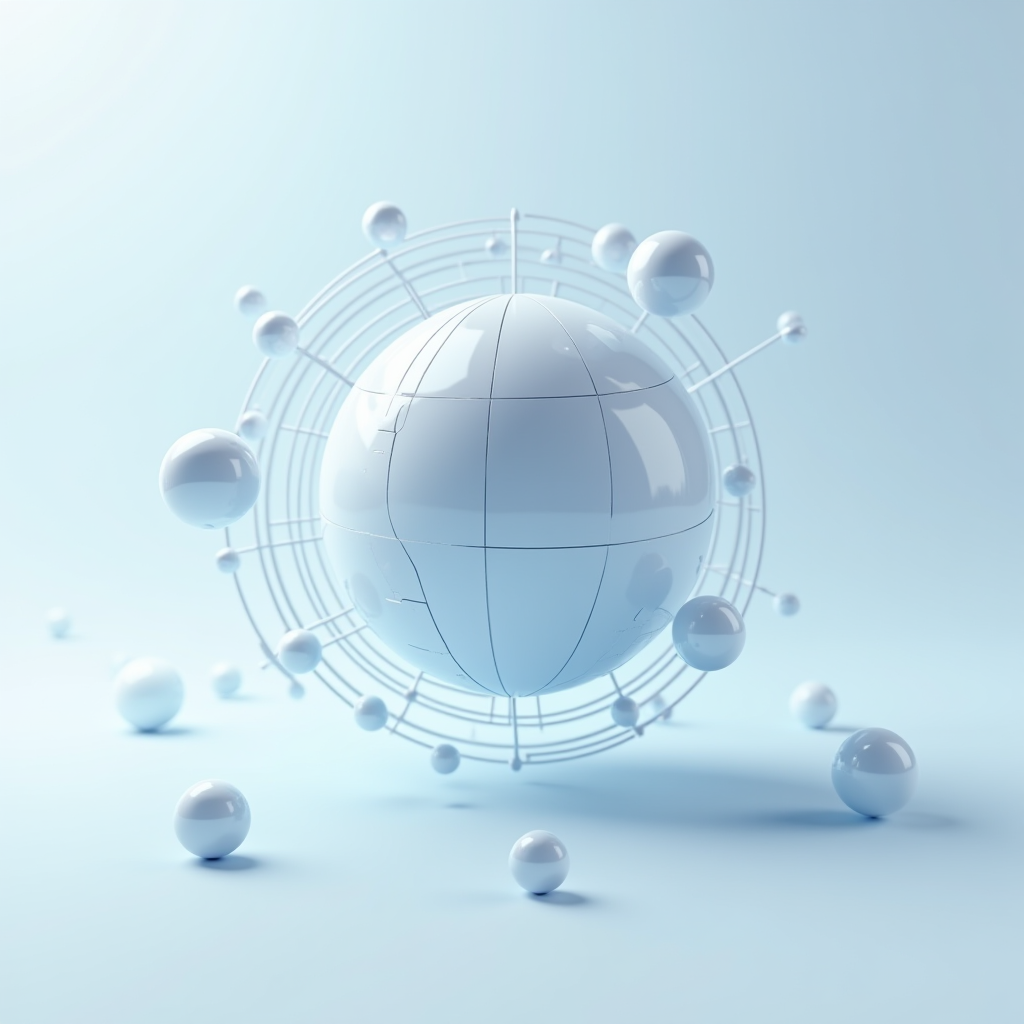 A futuristic white sphere surrounded by smaller spheres connected by rods, set against a soft blue background.