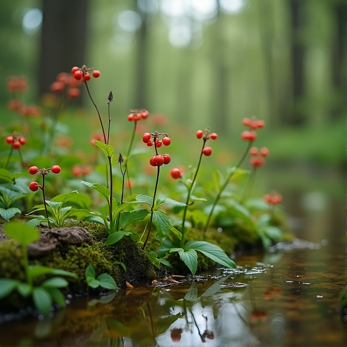 Bright red berries grow on delicate green stems amid lush moss by a tranquil forest stream.