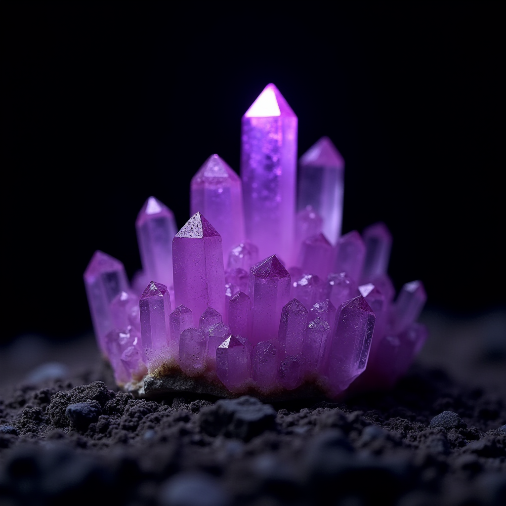 A glowing cluster of purple crystals emerges from the earth, illuminating its surroundings.