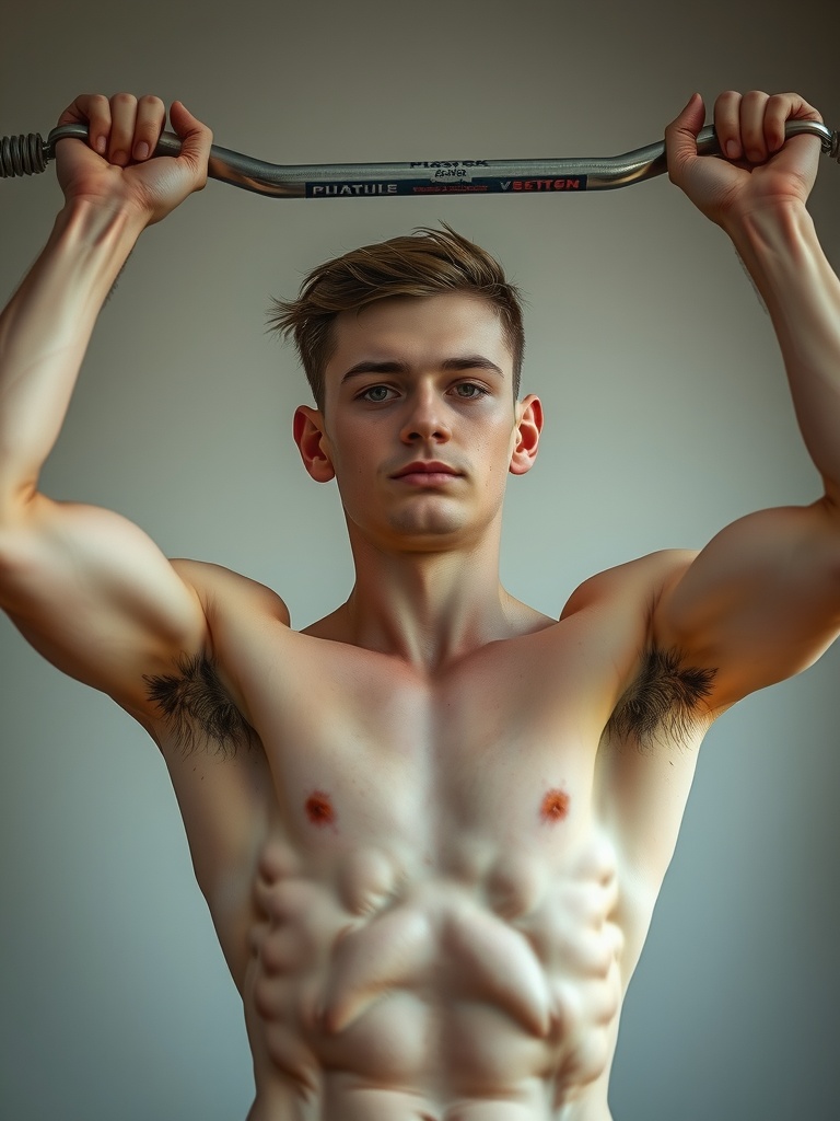 A young man is captured holding a barbell above his head in a fitness-oriented image. His well-defined muscles are prominently displayed, showcasing physical strength and dedication. The lighting accentuates his muscular definition, providing a dramatic and motivational tone to the image.