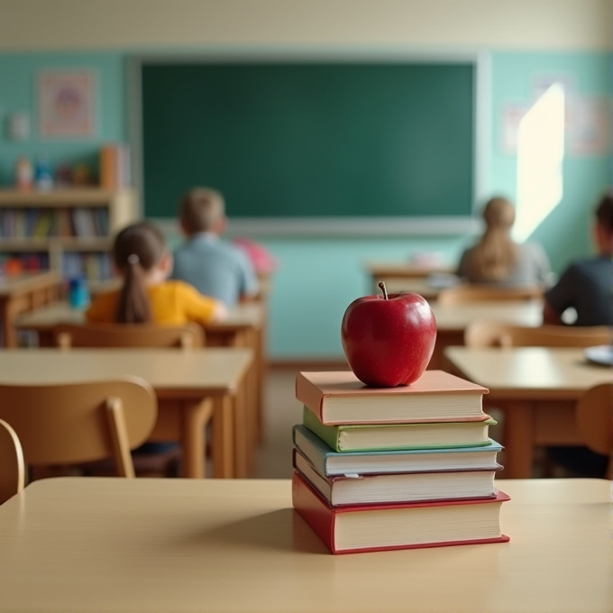 A red apple sits on a stack of books in a classroom with a chalkboard in the background and students sitting at desks.