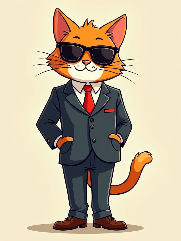 Create an illustration of a cool cat character dressed in a stylish suit. The cat should have a confident stance with paws on its hips. The color scheme should feature orange and gray. The background should be simple and light.