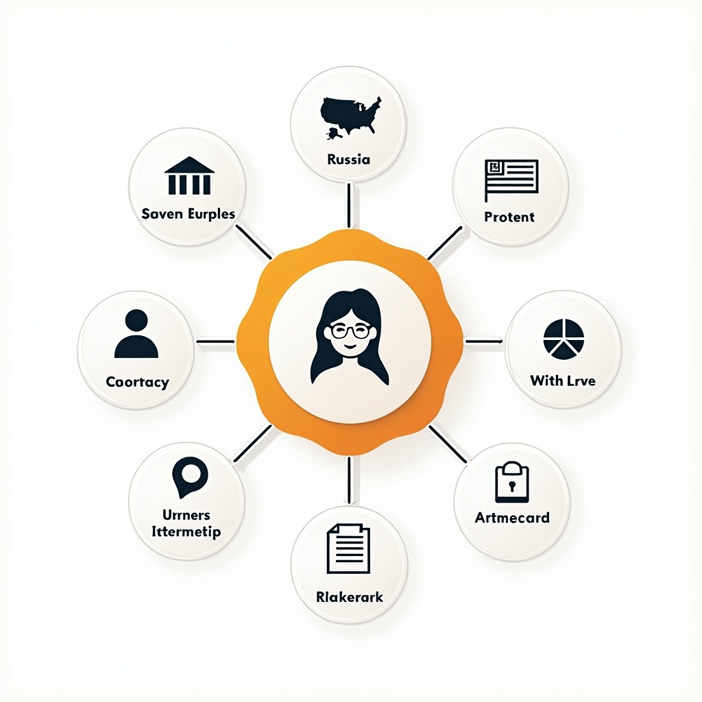 Infographic displaying a digital identity map. Central figure represents a woman. Various platforms branch out from the figure. Represents a 38-year-old woman with Armenian heritage. Lived in Russia and the United States. Engaged in international studies.