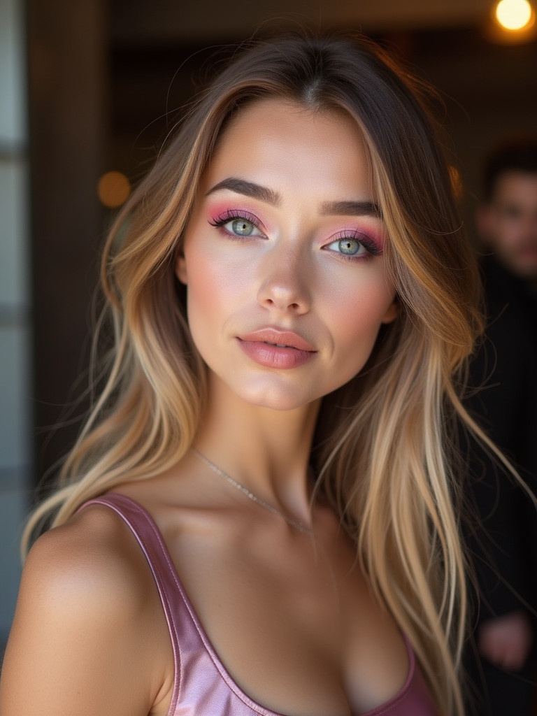 Closeup of a young woman in her twenties. Large bright eyes with a rosy pink hue. She has expertly applied pink makeup. Soft pastel pink eyeshadow with shimmer. Long defined lashes and light pink blush on cheeks. Glossy pink lips. Wearing a stunning leather dress with a shiny finish.