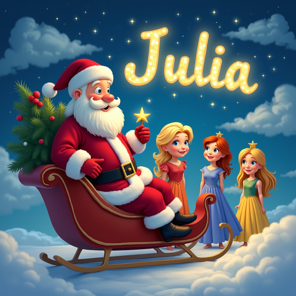 Whimsical scene with Santa Claus in a sleigh under a night sky. A 3-year-old pixie elf with long blonde hair and blue eyes is next to him. Two princesses in vibrant outfits are nearby. The name 'Julia' shines brightly in the sky with sparkling lights. The scene evokes holiday magic.