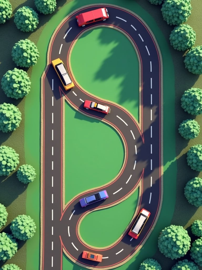 Top aerial view of a simple race track design suitable for building in Roblox Studio. The track features a smooth layout with colorful cars driving. Surrounding trees frame the scene. The design is easy to replicate and visually appealing for players.