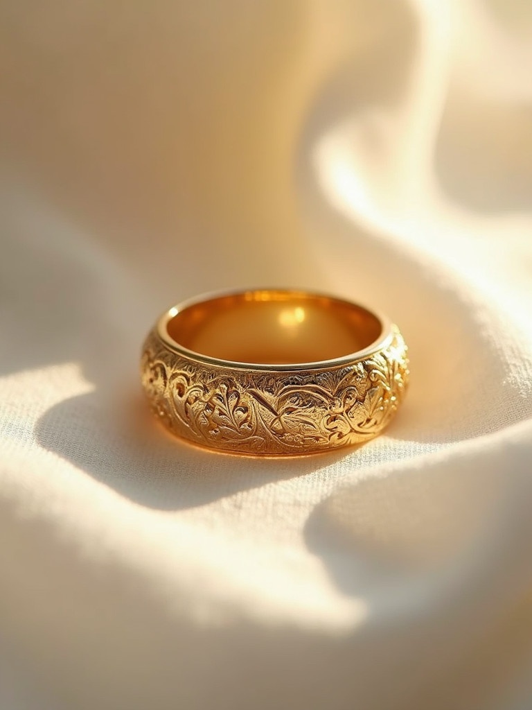 A detailed gold ring with intricate carvings rests on delicate white fabric under warm natural light.