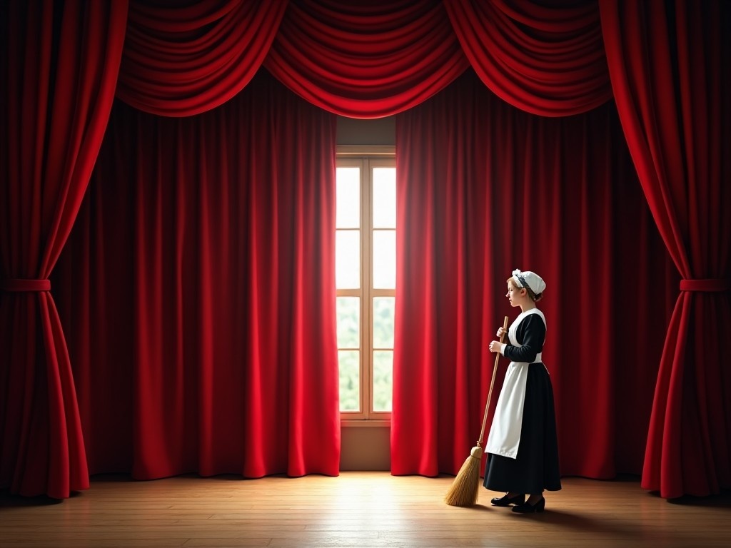 This image depicts a theatrical stage with rich, deep red curtains that create a dramatic atmosphere. The curtains are elegantly draped, framing the space in a traditional theater style. A smooth wooden floor is visible, emphasizing the stage's readiness for performance. Soft lighting underscores the center of the stage, inviting anticipation for a show. Overall, this setting conveys a sense of elegance and creativity, perfect for a variety of artistic presentations. A maid in traditional attire stands by a window holding a broom, highlighted by soft natural light.