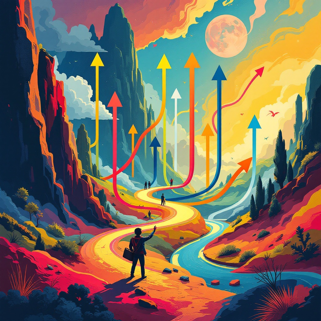 Surreal image portraying companionship on Earth. Arrows illustrate dynamic career paths and global connections. Abstract style with vivid colors. A winding path leads through a striking landscape. Person surrounded by colorful arrows representing various directions.