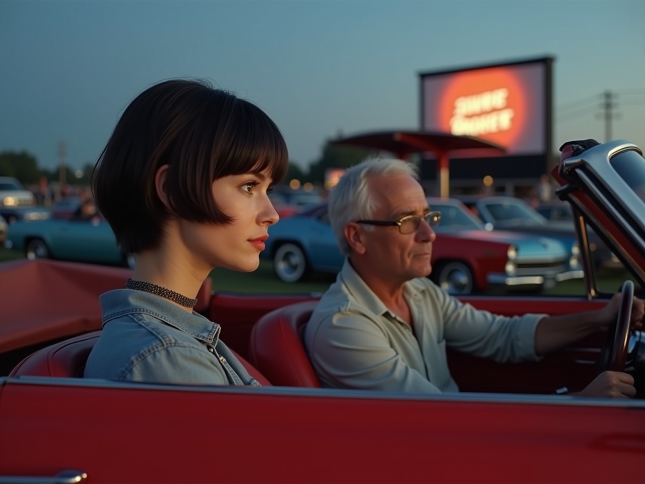 An elderly man with glasses and a young woman with short hair sitting in a red convertible at a drive-in theater during sunset, with classic cars parked around them.