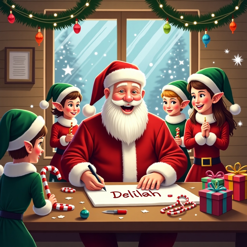 This image depicts a heartwarming Christmas scene set inside a lively workshop. Santa Claus, dressed in his iconic red suit, is seated at a table and writing the name 'Delilah'. Surrounding him are cheerful elves in green hats and red outfits, all exhibiting joyful expressions. The table is adorned with brightly wrapped presents, candy canes, and holiday decorations. Through the window, snow can be seen falling, enhancing the cozy winter ambience. Colorful ornaments hang in the background, adding to the festive feel of the scene.