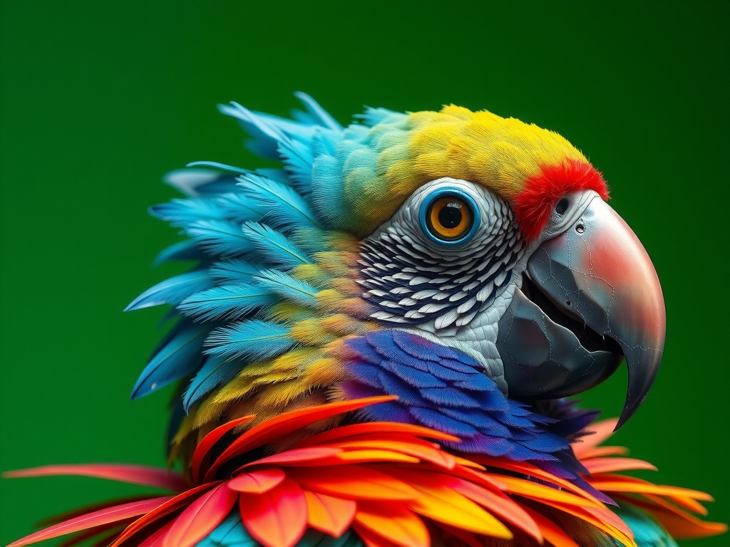 This striking image features a close-up of a vibrantly colored parrot against a deep green background. The bird's feathers are an explosion of bright blues, yellows, reds, and oranges, meticulously arranged to showcase intricate patterns and textures. The parrot's eye is piercing and lifelike, adding depth and realism to its already vivid appearance.