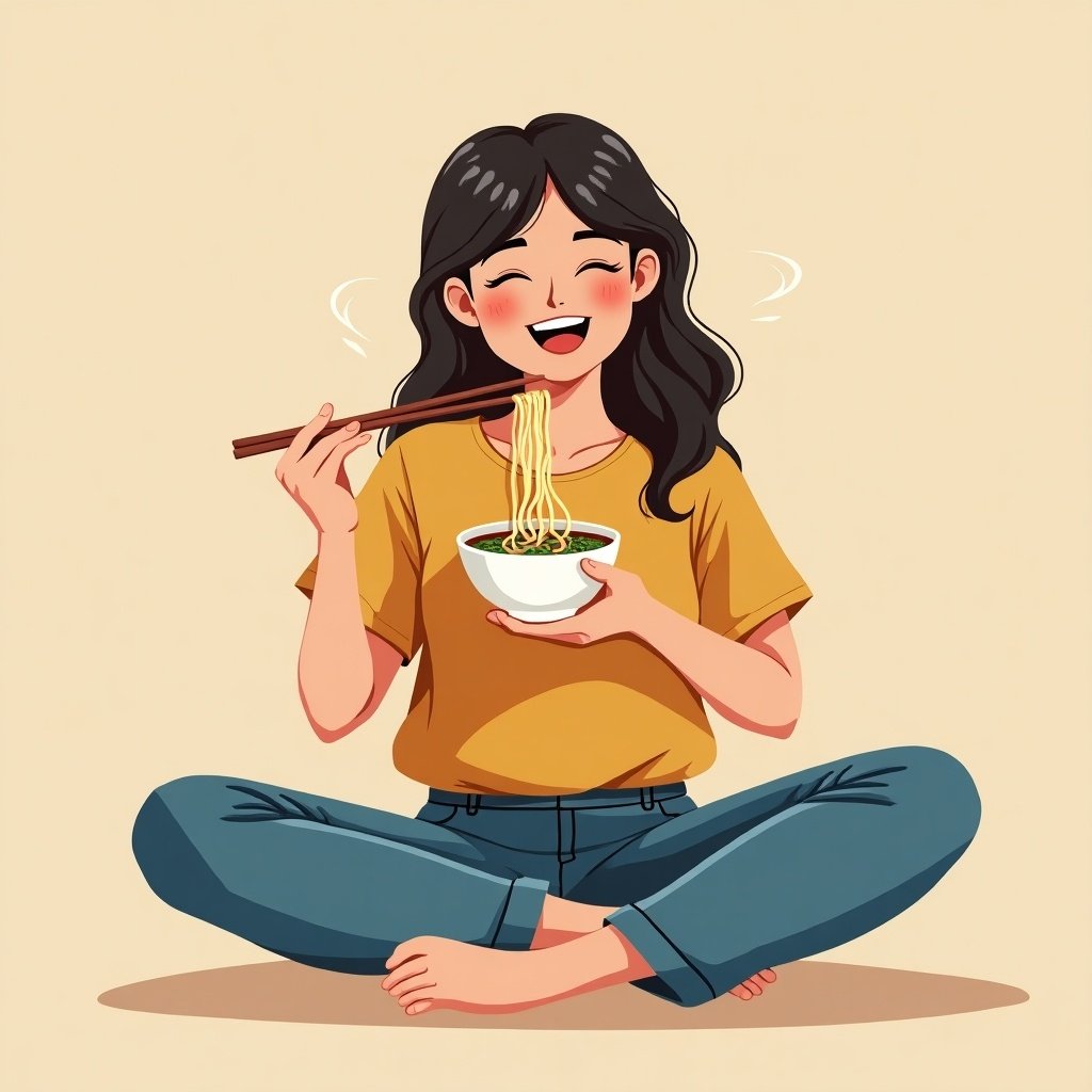 A woman is joyfully sitting cross-legged while eating a bowl of noodles with chopsticks.