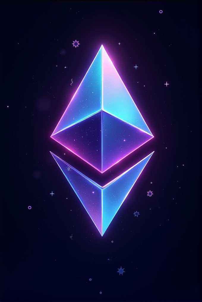 A glowing purple and blue symbol with cosmic sparkles on a dark background.