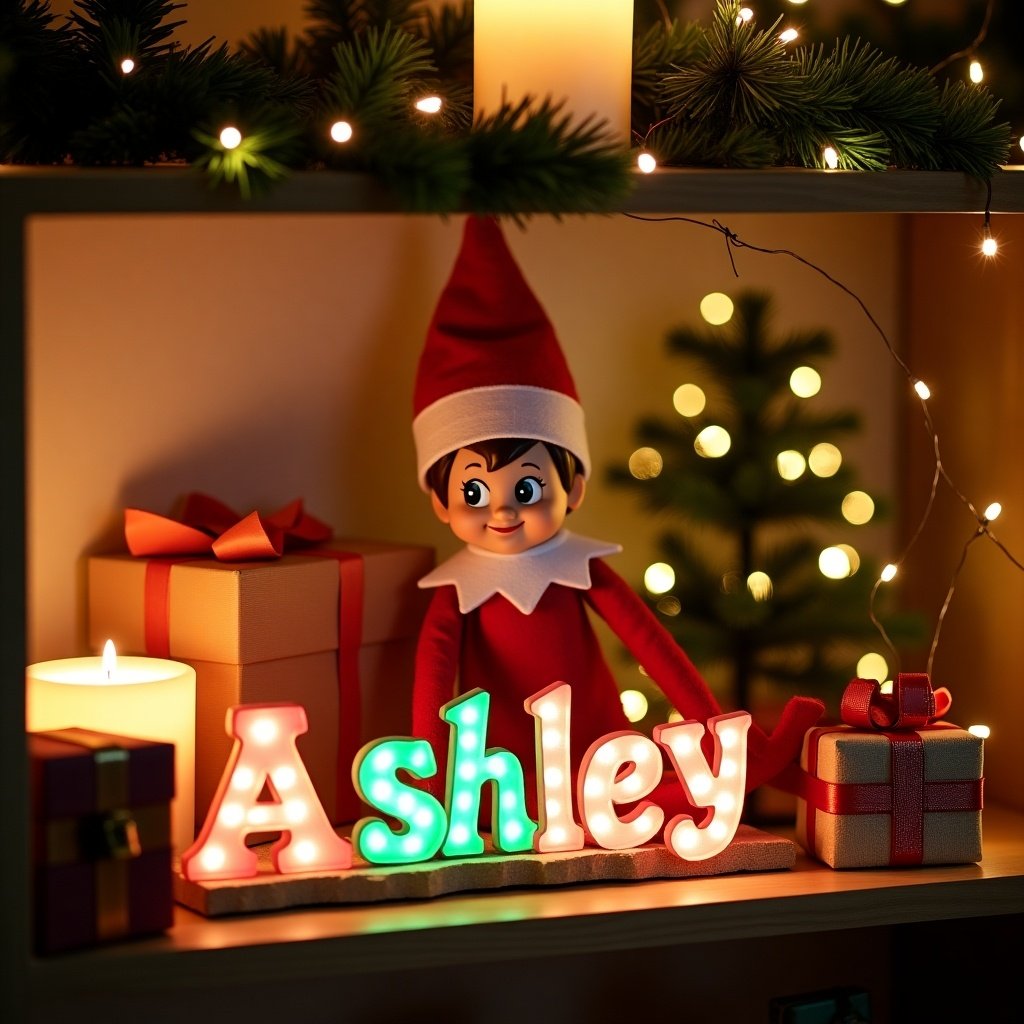 A Christmas shelf display features an elf. Decorated with candles, presents, and pine garlands. Soft warm lighting creates a cozy atmosphere. A cheerful elf in vibrant red and white outfit joyfully writes the name 'Ashley' in colorful lit letters. Surrounded by festive decorations, including a decorated tree and twinkling lights, the warm inviting background evokes holiday cheer. This enchanting scene captures Christmas magic essence, perfect for family celebrations and personalized gifts.