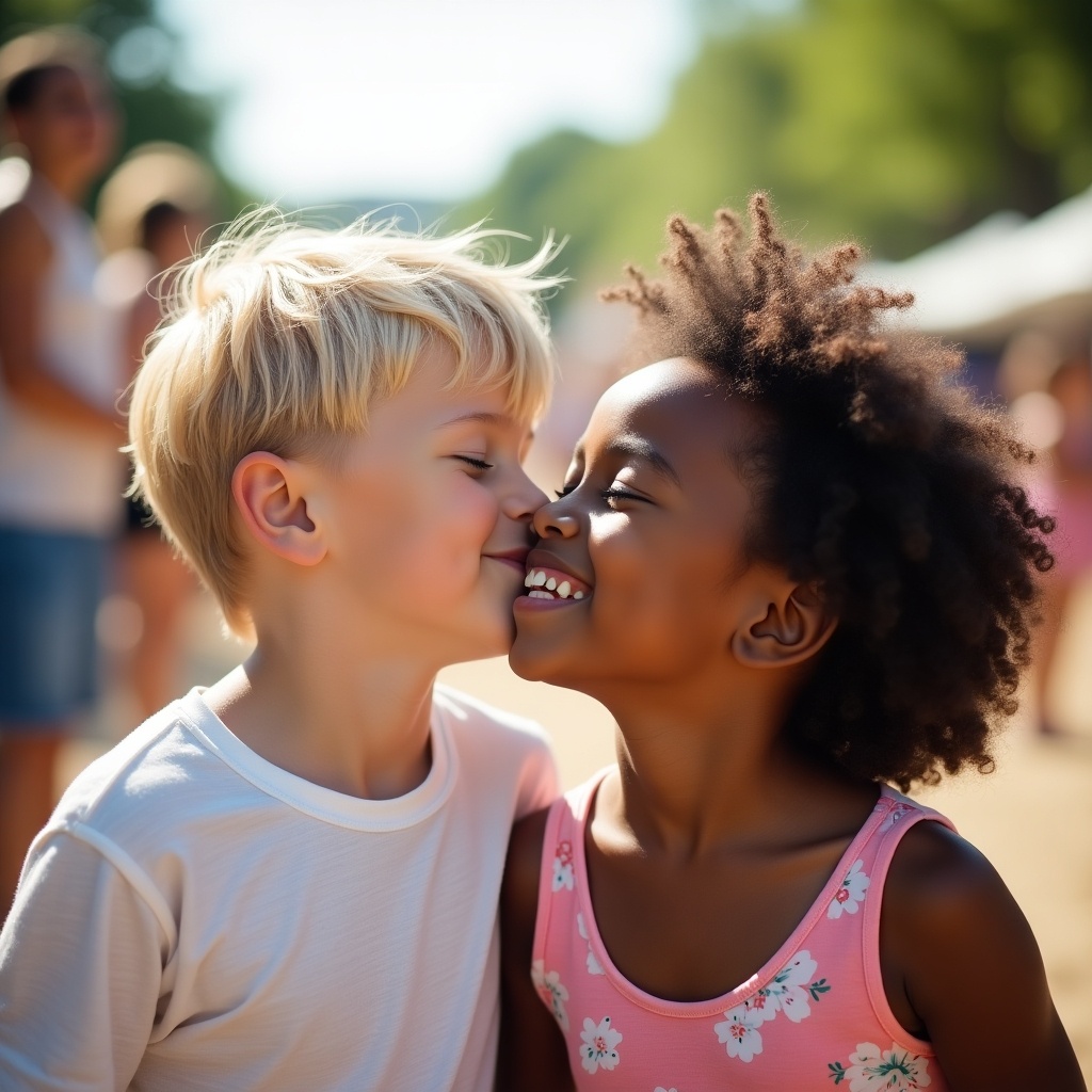 Image shows two young children sharing a kiss on the cheek in a lively summer setting. The blonde boy and black girl exhibit joyful expressions. Bright ambiance and soft lighting enhance the scene. Ideal for representing childhood friendship and summer laughter.