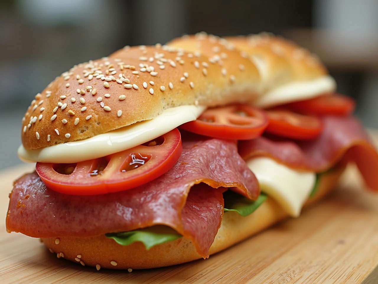 This image showcases a delicious ciabatta sandwich filled with layers of cooked pastrami, mozzarella cheese, fresh tomato slices, and a generous spread of mayonnaise. The sesame seed bun is golden brown and perfectly toasted, adding a crunchy texture. Vibrant red tomatoes contrast beautifully with the rich, savory pastrami. The creamy mayonnaise is mouthwatering, enhancing the flavors of the sandwich. This close-up view invites viewers to appreciate the freshness and quality of each ingredient.