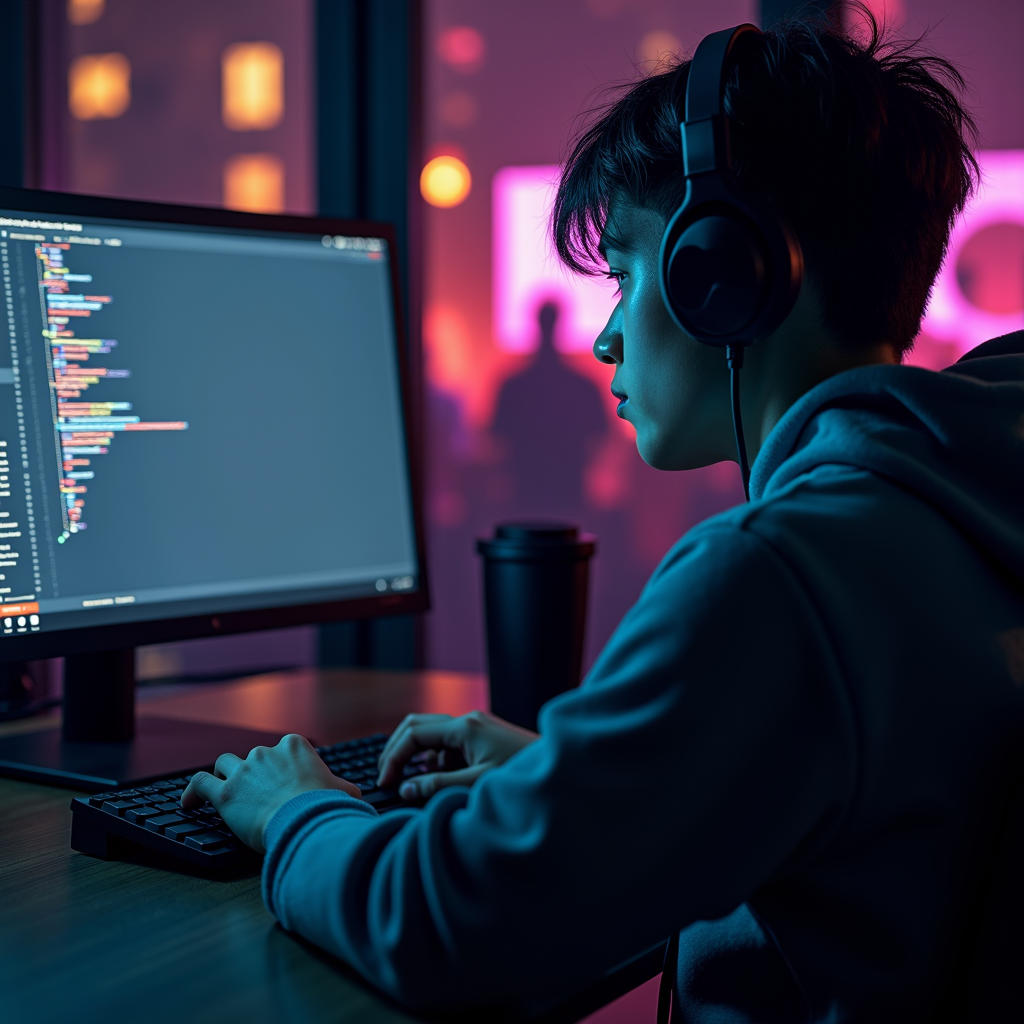 A person in headphones intensely focused on coding at a computer, surrounded by neon-lit urban views.