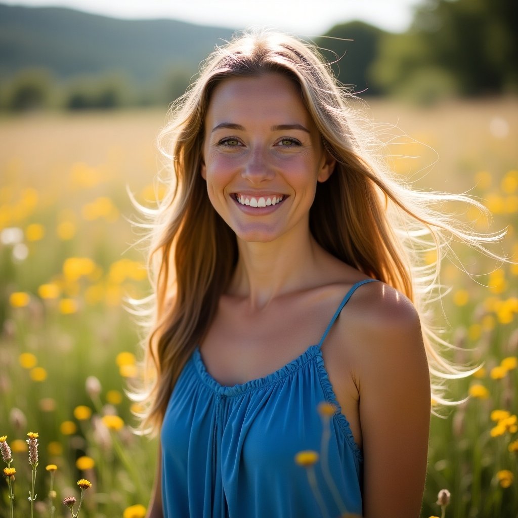 A woman smiling in a field filled with yellow flowers. The woman has long hair and wears a blue top. Natural sunlight illuminates her face.