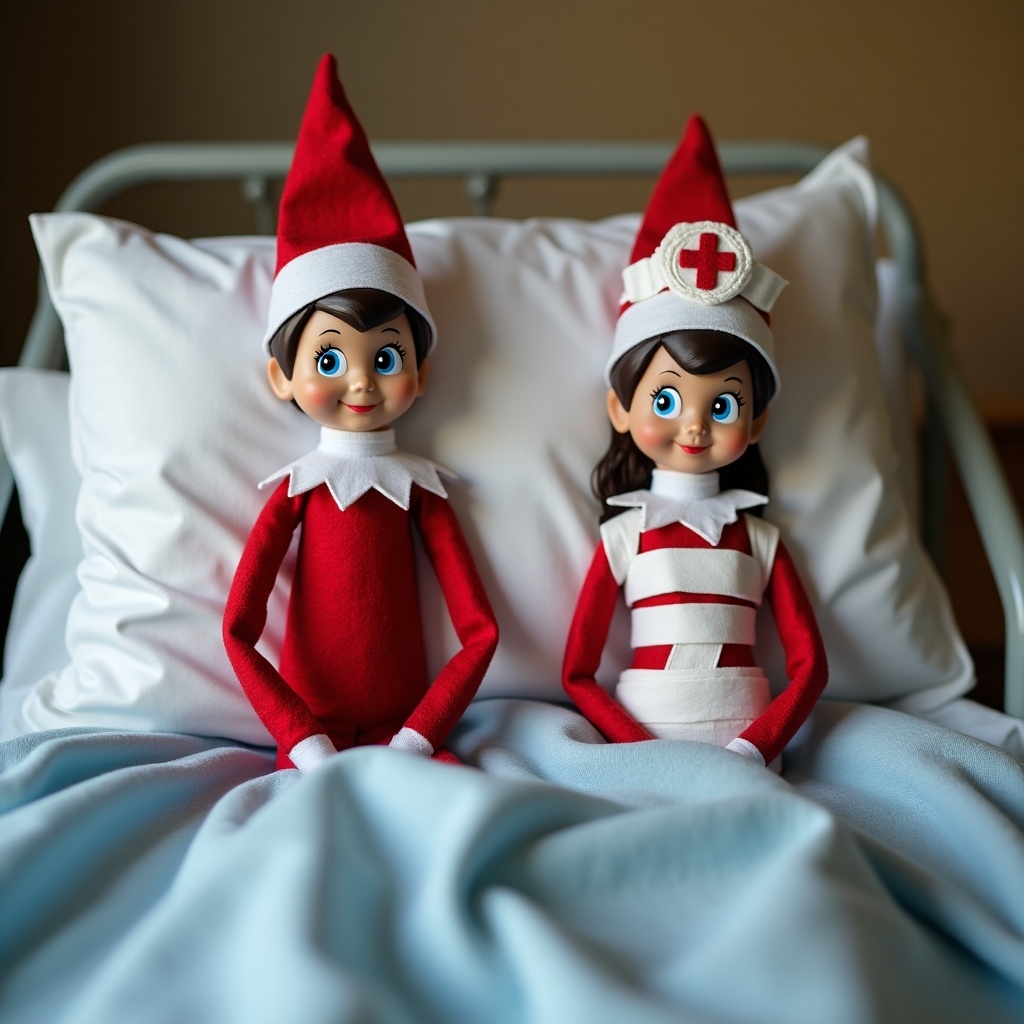 A festive scene featuring two elf dolls with blue eyes. One elf is dressed as a nurse while the other is wrapped in bandages. They sit in a hospital bed. The setting has a warm, inviting atmosphere.