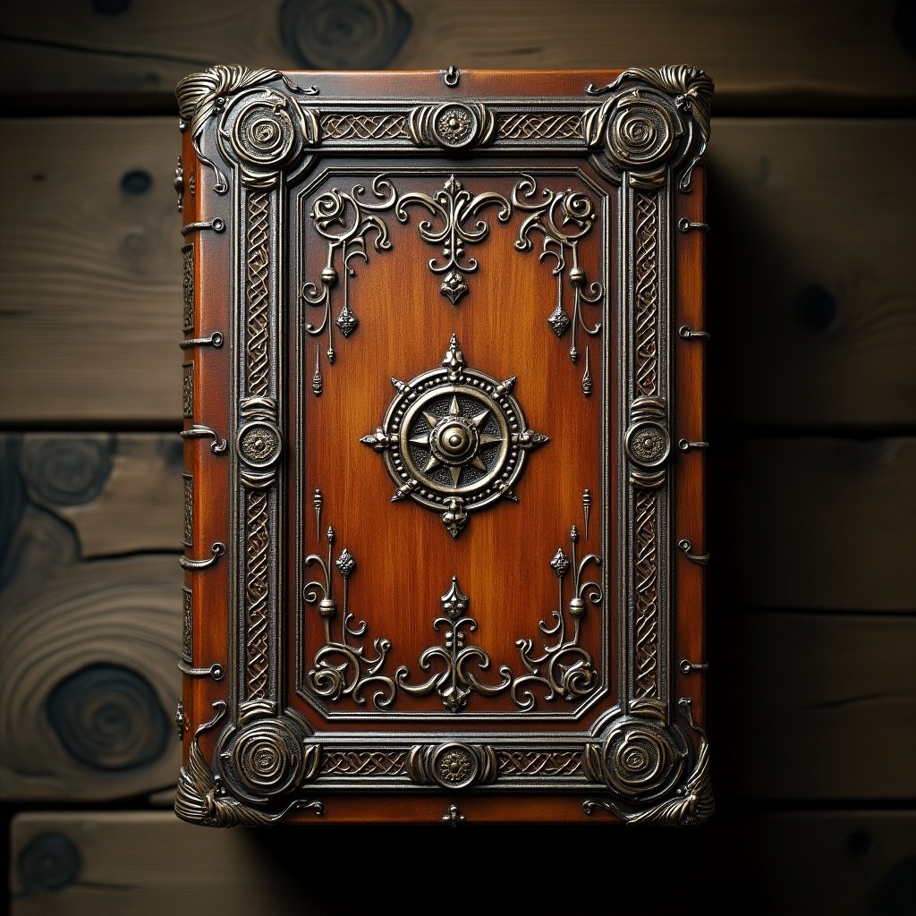 Book cover in wood style. Layered design with high fantasy elements. Medieval themes featuring rune symbols and magic.