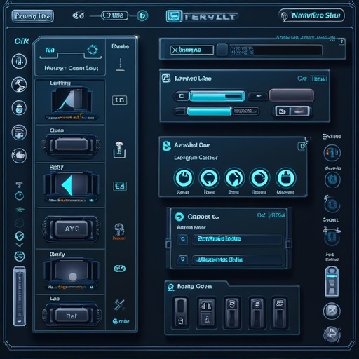 Detailed interface for software. Control panel with various settings. Contains sliders buttons and panels. User-friendly design with a futuristic look. Ideal for software developers and designers.