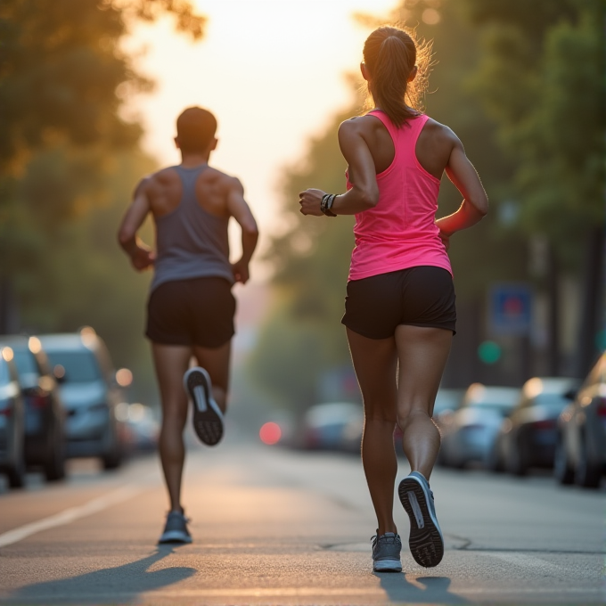 Two people are jogging down a city street under the morning sun.