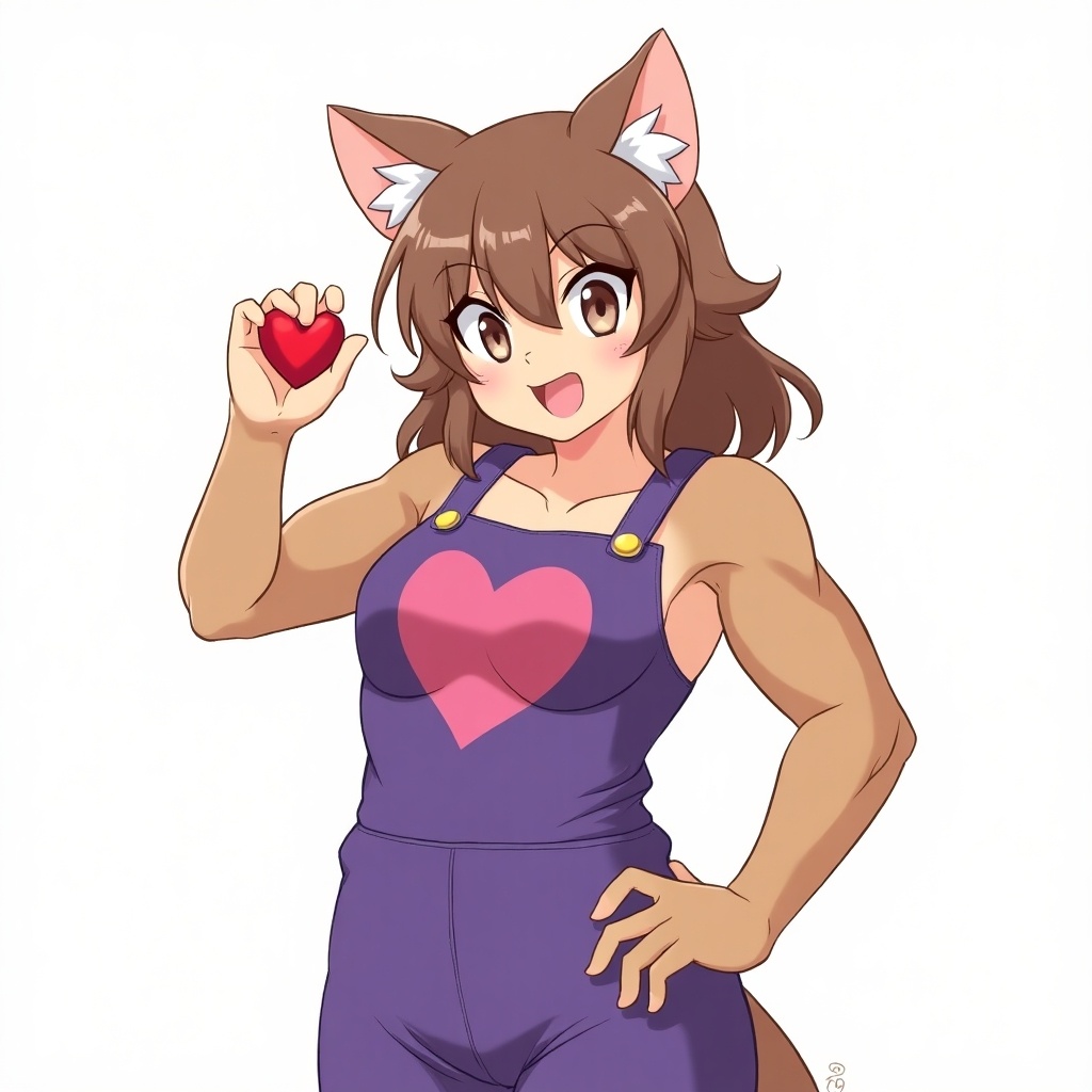 A furry anime girl is depicted engagingly, standing confidently while wearing purple overalls. Her muscular physique is prominently showcased, highlighting her strength. With a cute, casual hairstyle, she has brown hair and bright eyes that convey vibrancy. The overalls feature a charming heart design on the front, symbolizing playfulness. In her hand, she holds a red heart-shaped object, adding a whimsical touch to her character's overall appeal.